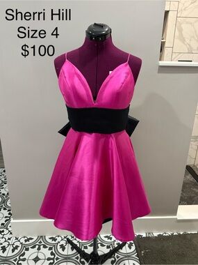 Sherri Hill Hot Pink Dress with Black Waistband